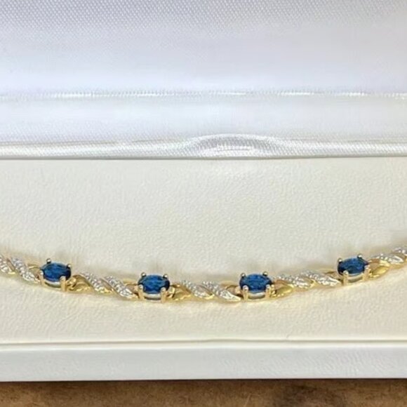 18KT Yellow Gold Sterling Silver Blue & White Cubic Zirconi Bracelet $225 8" NWB - Picture 5 of 16